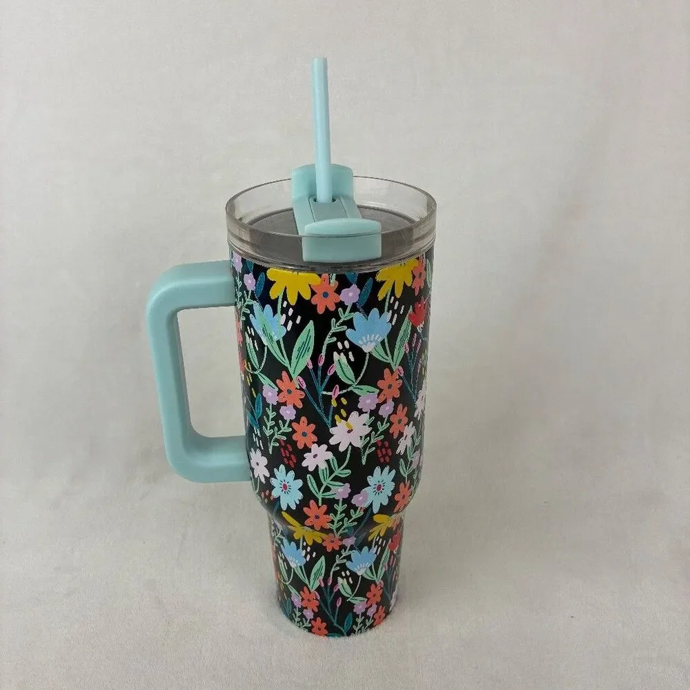 40oz Insulated Tumbler W/ Handle Lid Straw Blue Floral Wildflower Colorful